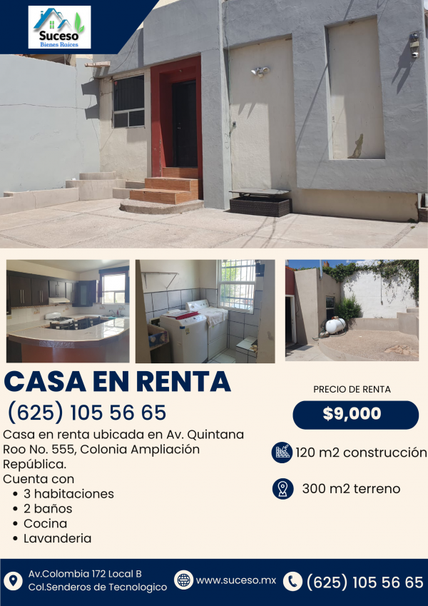 Casa En Renta Av. Quintana Roo Colonia Ampliacion Republica (RENTADA)